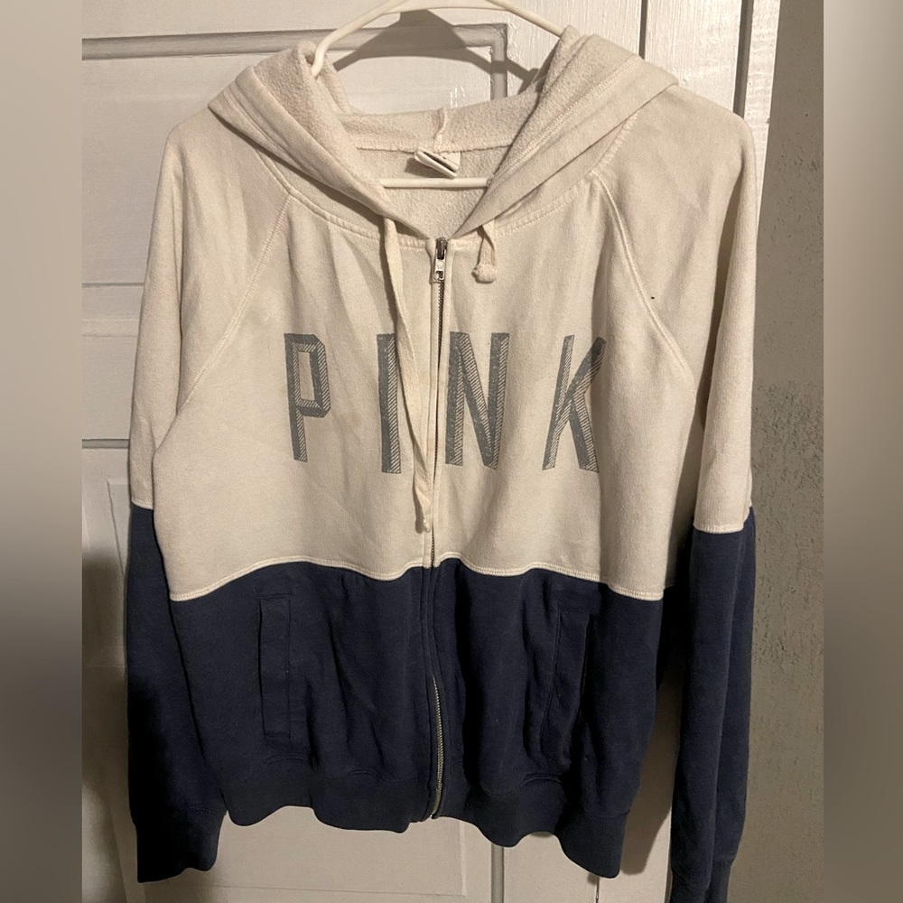 Pink (white and dark blue) zip up sweater